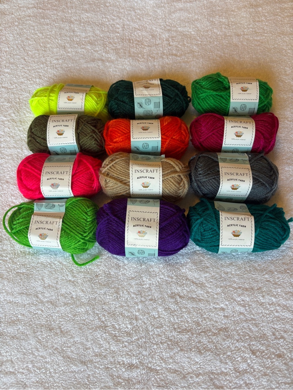Inscraft Acrylic Yarn Bundle Lot of 12 Sm Skeins Approx 35 yds Ea.  Multi Color